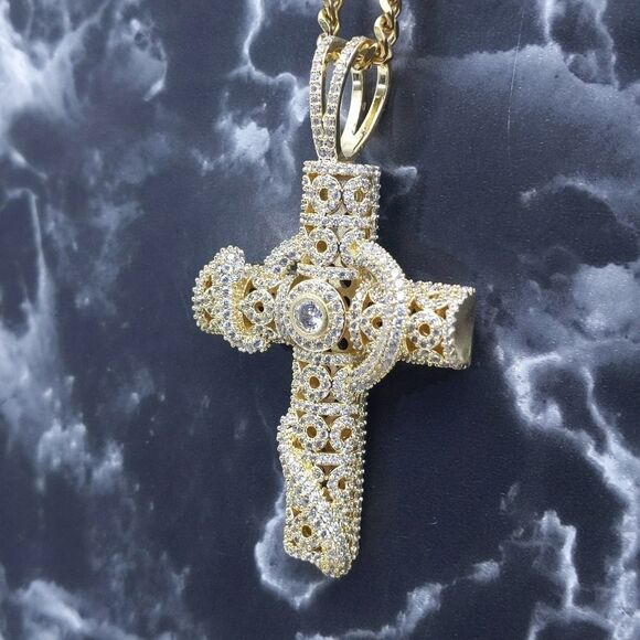 18"Cuban Chain + 14K Gold Finish Serpent Cross - Picture 5 of 12